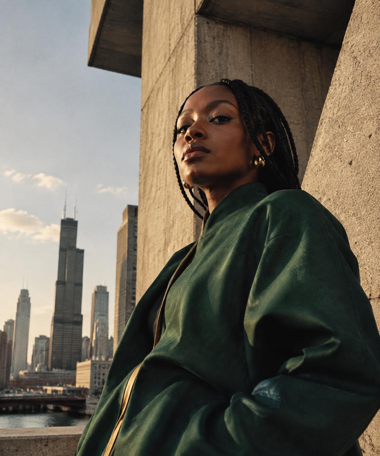 Black creative technologist framed by Chicago architecture