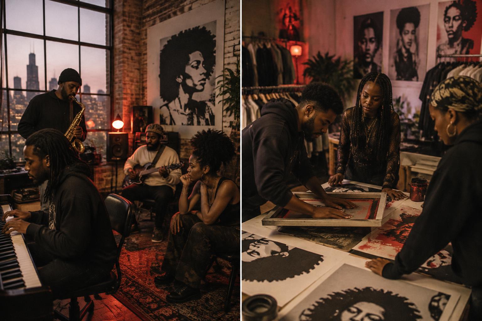 Black musicians and printmakers collaborating in a Chicago studio